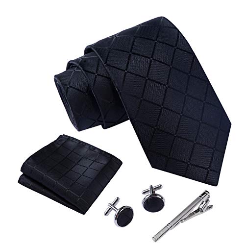 Massi Morino ® Cravatta uomo + Gemelli + Fazzoletto (Set cravatta uomo) regalo uomo con confezione regalo (Nero Quadrato)