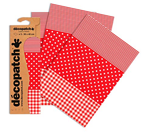 DecoPatch - Carta da découpage, motivo: strisce, pois e scacchi, confezione da 3 fogli, Rosso