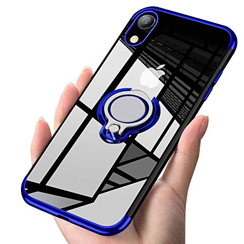 kadixini Custodia Cover per iPhone XR Trasparente Morbido TPU Protettivo Sottile Chiaro Case 360° Ring Regolabile Anello Magnetica Supporto Silicone Custodia Antiurto Compatibile con iPhone XR Blu