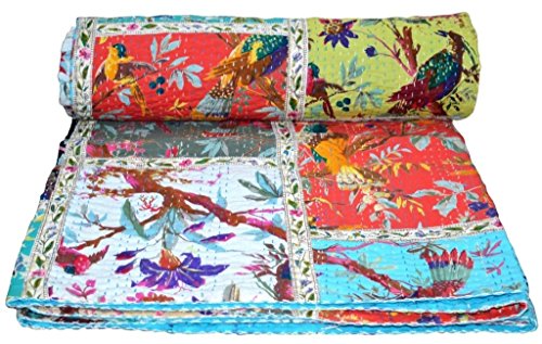 Trapunta Kantha in cotone indiano patchwork (uccelli multipli) copriletto bohémien, copriletto kantha fatto a mano, trapunta kantha King Size, trapunta patch/copriletto