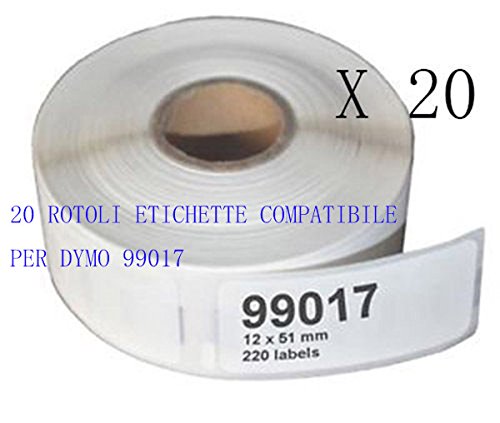 20 Rotoli Etichette adesive compatibile per DYMO 99017 S0722460 50mmX12mm Dymo LabelWriter 310, 320, 330, 330 Turbo, 400, 400 Turbo, 400 Twin Turbo, 400 Duo, 450, 450 Turbo, 450 Twin Turbo, 450 Duo.