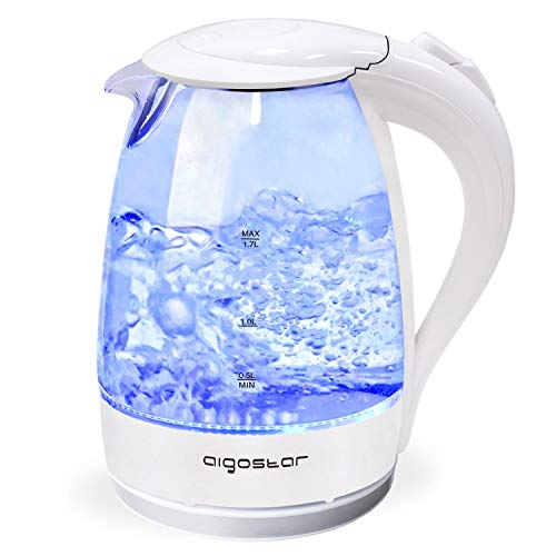 Aigostar Eve 30GON - Bollitore d'acqua in vetro borosilicato con illuminazione a LED. 2200W, 1.7L e Color Bianca. Protezione Boil-dry. BPA FREE. Design Esclusivo.
