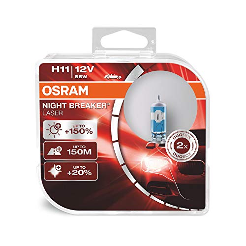 OSRAM NIGHT BREAKER LASER H11, next generation, +150% di luce, lampada da proiettore alogena, 64211NL-HCB, 12V, auto, duo box (2 lampade), 3500 Kelvin, Attacco: PGJ19-2