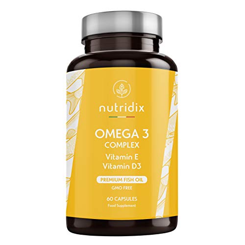 Omega 3 2000 mg per Dose - Acidi Grassi Essenziali DHA ed EPA - Olio di Pesce Puro ad Alta Concentrazione con Vitamina D ed E - 60 Capsule Nutridix