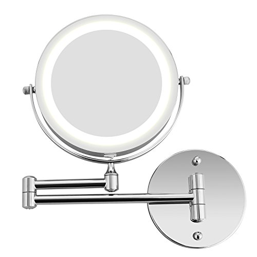 BATHWA Specchio Ingranditore con Luce LED, Specchietti da Trucco a Parete Bilaterali a LED, Girevole Orizzontali a 360 ° e Verticali, Cromato in Metallo, Lente d'Ingrandimento 5X e Specchio Piatto