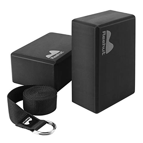 REEHUT Set di 2 Blocco Yoga + 1 Cinghia Yoga Fibbia, Blocchi 22,9x15,2x10,2cm Schiuma Eva Alta Densità, Cinghia 2,4m Cottone - Nero