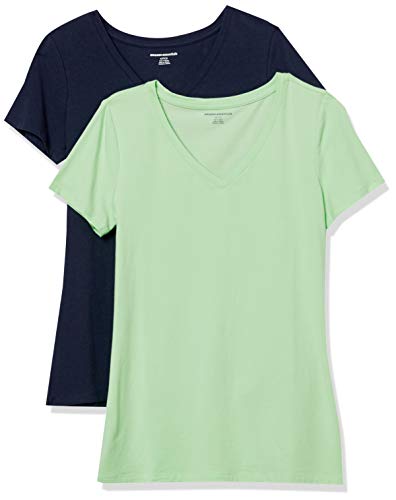 Amazon Essentials 2-Pack Short-Sleeve V-Neck Solid T-Shirt Fashion-t-Shirts, Bright Mint/Navy, US M (EU M-L)