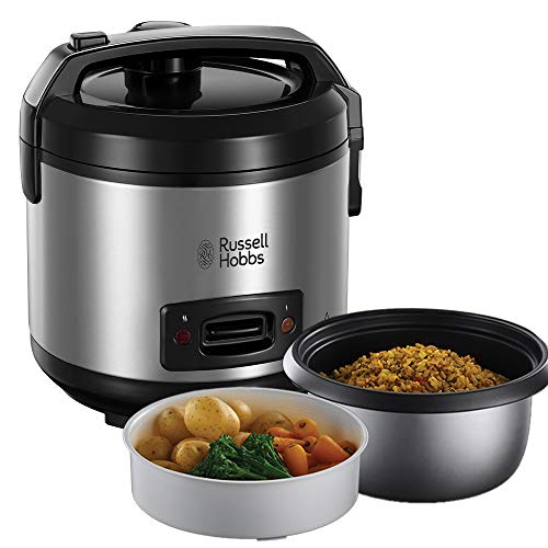 Russell Hobbs 27080-56 Cuociriso e Vaporiera, 14 Porzioni, Include cesta per cuocere a Vapore Carne e Verdure, Pentola e Coperchio Lavabili in Lavastoviglie, 500 W, Grigio/Nero