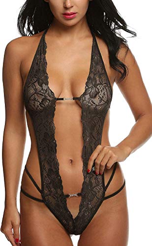 UMIPUBO Lingerie Donna Camicia da Notte Trasparente Intima da Notte Pizzo Aperto Lingerie Hollow Halter Babydoll (Nero)