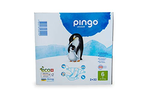 Pingo pannolini ecologici taglia 6 XL, 15 – 30 kg) – Confezione da 2 x 32 pannolini ¡NUOVO contenitore compatto e biodegradabile.