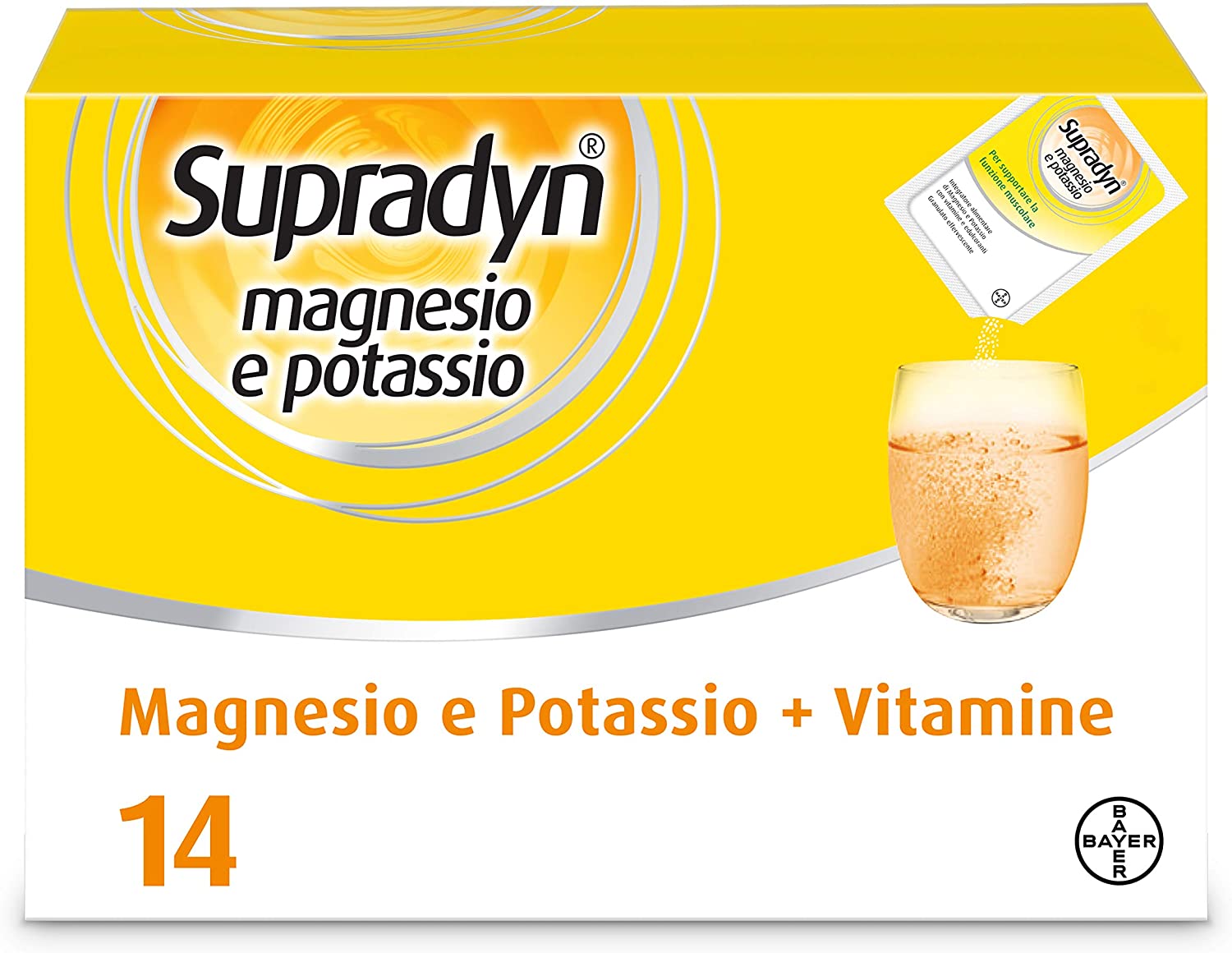 Supradyn Magnesio e Potassio - Integratore Multiminerali per Afa, Caldo e Attività Fisica - 14 Bustine Effervescenti Gusto Arancia