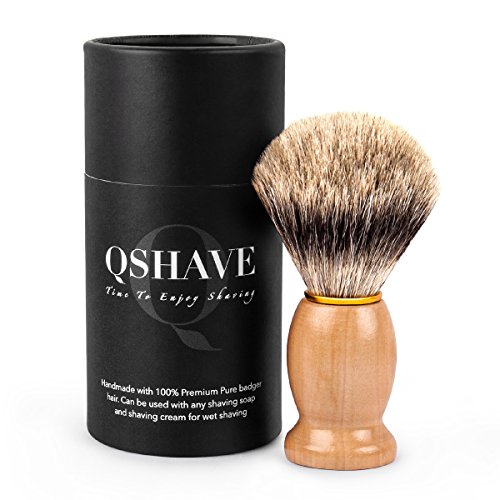 Qshave - Pennello da barba fatto a mano con setole di tasso naturali e pure al 100%, con manico in legno La scelta migliore per una rasatura umida con rasoio a mano libera.