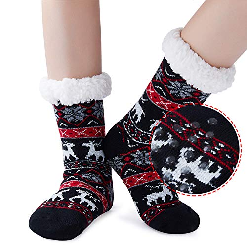 AIDEAONE Ladies Christmas Knit Slipper Sock Furry Fleece Lined Calzini morbidi non scivolanti (Black)