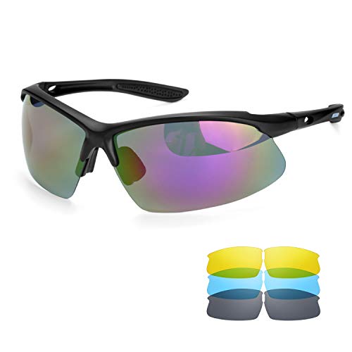 BECOSIM Occhiali da sole sportivi polarizzati Occhiali da ciclismo Protezione UV 400 3 paia di lenti intercambiabili aggiuntive perfette per equitazione, guida, golf, pesca, sci, vela