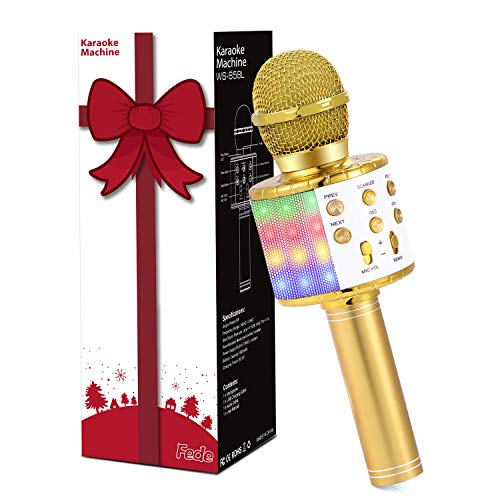 Fede Microfono Karaoke Bluetooth Wireless per Bambini, Karaoke Portatile con Luci LED Multicolore per Cantare, Funzione Eco, Compatibile con Android/iOS, PC o smartphone