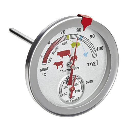 TFA Dostmann Termometro analogico da forno 14.1027 in acciaio inox resistente al calore con diversi livelli di cottura per misurare la temperatura, argento