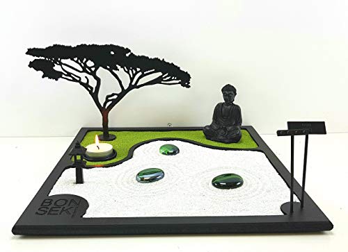 Bonseki® Giardino Zen da tavolo 30 x 30 cm in legno, buddha, la candela proietta l'ombra del bonsai sulla parete. Personalizzabile