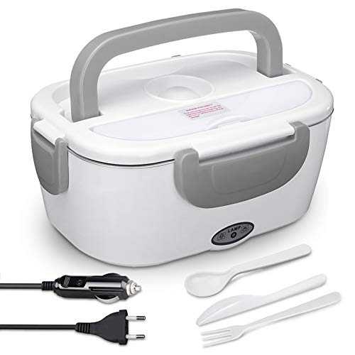 AUTOPkio Scaldavivande Elettrico 3 in 1 per Auto Camion e Ufficio 220V 24V 12V 40W, 1.5L Lunch Box Porta Pranzo di Acciaio Inossidabile Termo Portatile con Cucchiaio e Due Scomparti (Grigio)