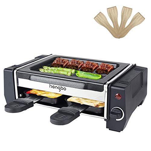 Mini Raclette Grill, Macchina Raclette Grill Acciaio Inox Temperatura Regolabile con 2 Padelle e 4 Spatola in Legno, 500w - Nero