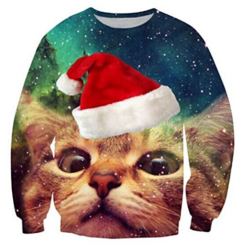 TUONROAD Unisex Pullover di Natale Funny Gatto 3D Stampato Christmas Sweatshirt Uomo Donna Crewneck Ugly Xmas Sweater Maglione - XXL