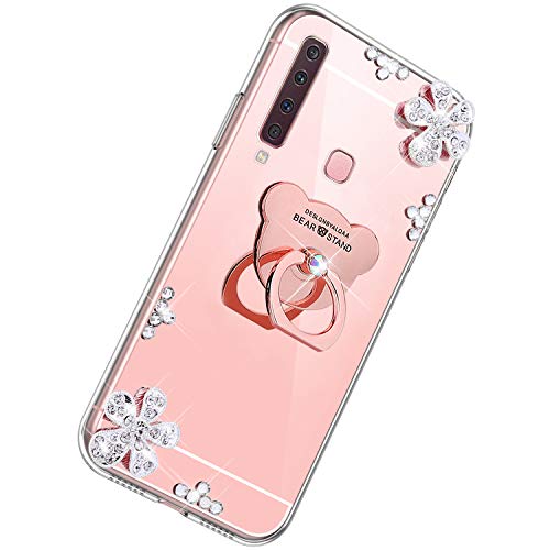 Herbests Compatibile con Samsung Galaxy A9 2018 Custodia Ultra Sottile Silicone Protettiva Case Cover Specchio con Anello Bear Ring Supporto e Glitter Diamante a Strass Cover Custodia,Oro Rosa