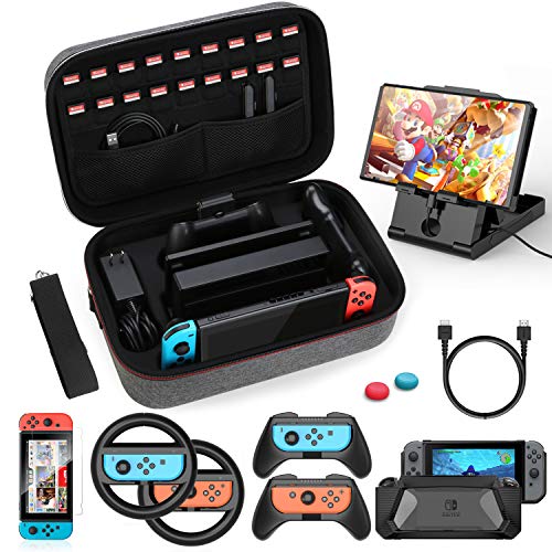 HEYSTOP Kit Accessori 12 in 1 per Nintendo Switch, Include Custodia da Trasporto, Cover Protettiva in TPU, Joycon Grip e Volante, Pellicole Protettive, Supporto regolabile, Thumb Grip, Cavo USB,Grigio