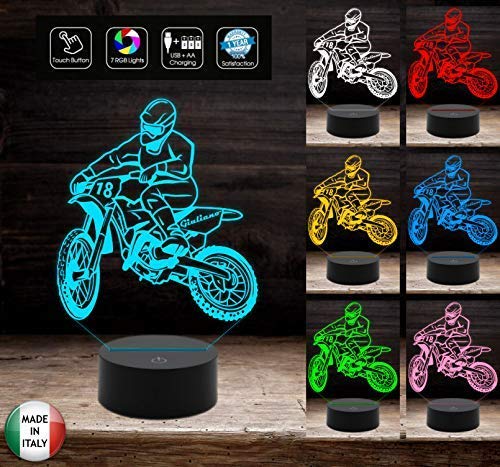 LAMPADA a led 7 colori selezionabili Motocicletta MOTOCROSS Idea regalo originale personalizzabile con nome e numero