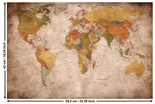 GREAT ART Poster – Mappamondo – (59,4 x 42 cm) Decorazione da Parete Old School Vintage World-Map Globo Retro Continenti Atlante Geografia Used Look DIN A2