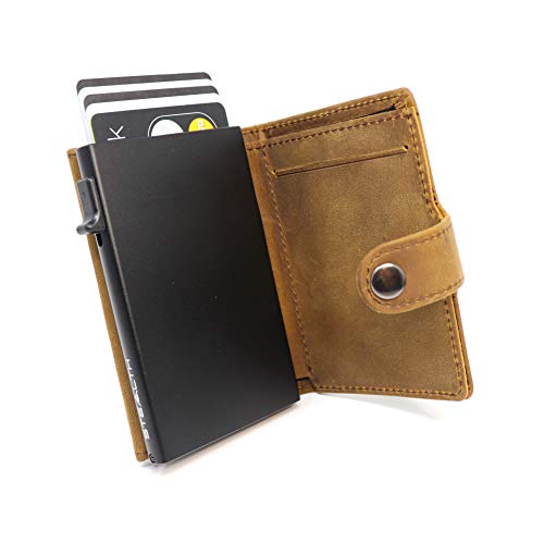 STEALTH WALLET Porta Carte RFID - Portafoglio Pop-up Minimalista - Portafogli Titolare della Carta Credito Leggero (Alluminio Nero con Pelle di Cavallo Pazzo Marrone)