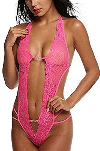 Tuopuda Lingerie Donna Pizzo Sleepwear Sexy Biancheria Intima da Notte Camicia da Notte Trasparente Aperto Lingerie Hollow Halter Babydoll (Rosa)