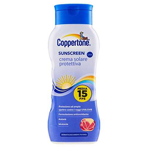 Coppertone, Sunscreen Crema Solare Protettiva Fps 15, con Filtri UVA, Formula Antietà, con Melograno e Vitamina E, Resistente all'Acqua, 200 ml
