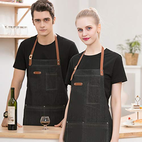 Amycute Unisex Grembiule Jeans da Lavoro,Tool Grembiuli 3 Tasche Uniforme di Moda Caffettiera Cuoco Cucina Giardiniere per Parrucchiere,Server,BBQ,caffè(Nero)