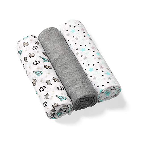 Mussole Neonato Bamboo, set 3 pezzi 70x70, Morbide, Sicure, Copertine Next2me, Biancheria Culla, Lenzuolino Passeggino, Teli Ovetto, Swaddle, Asciugamani Bebè, Fasciatura, Idea Regalo Nascita (Grigio)