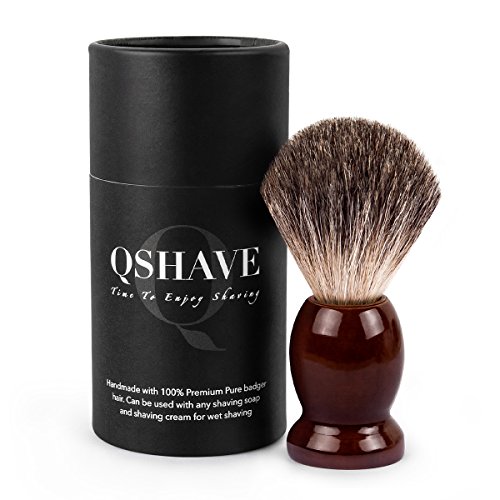 QSHAVE - Pennello da barba fatto a mano, setole di vero pelo di tasso puro al 100%, con vere setole di tasso, manico in legno La scelta migliore per una rasatura umida con rasoio.