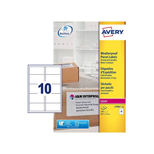 Avery L7992-25 - Etichetta postale ultra resistente, 99,1 x 57 mm, confezione da 250 unità, colore: Bianco