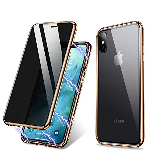 ZHIKE Custodia per iPhone X/XS, Custodia per adsorbimento Magnetico Anti-Peep Frontale e Posteriore in Vetro temperato Copertura a Schermo Intero Flip Privacy Cover per(Anti Spia-Dorato Trasparente)