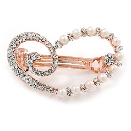 Fermacapelli con cristalli trasparenti e perle di vetro, design cuore aperto asimmetrico, colore oro rosa, 50 mm di diametro