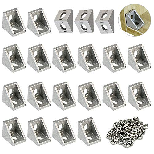 TANCUDER 20 Pcs Staffe Angolari in Alluminio con 100 Pcs Dado a T in Acciaio al Carbonio Staffe ad Angolo 90 Gradi 20 * 20 * 17mm per Mobili Fissaggio Industriale Progetti di Robotica (Argento)