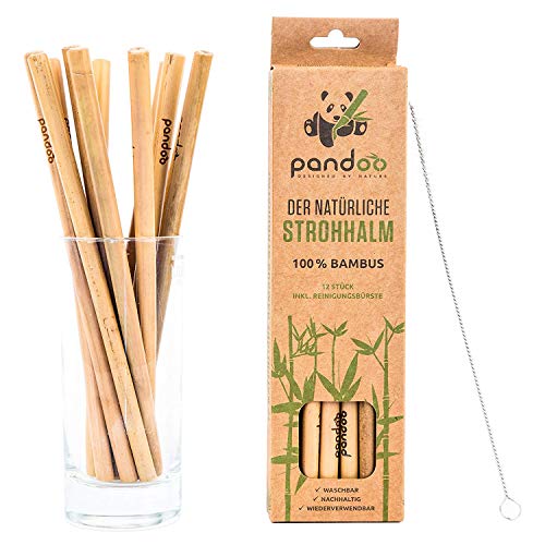 pandoo Confezione da 12 cannucce di bambù 100% con pennello di pulizia - cannucce riutilizzabili ed eco-compatibili - 100% biodegradabile