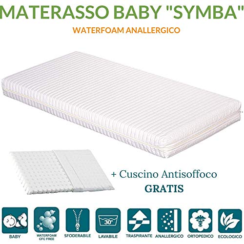 EVERGREENWEB Materasso Lettino o Culla 60x120 per Bambini alto 12 cm + Cuscino ANTISOFFOCO su misura GRATIS con Fodera in Cotone Naturale, Rivestimento Sfoderabile Bianco Anallergico Lavabile SYMBA