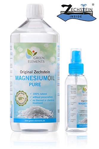 Olio di magnesio Zechstein PURO – set composto da bottiglia di soluzione salina di cloruro di magnesio da 1000 ml + flacone spray per olio di magnesio da 100 ml