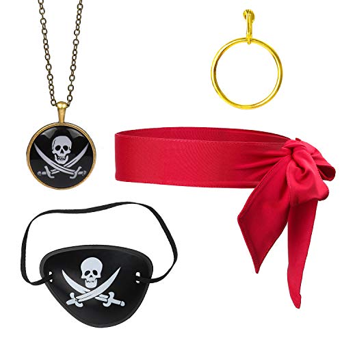 Beelittle 4 Pezzi Set Accessori Costume Capitano Pirata Sciarpa Cravatta Testa Rossa Avvolgere Bandana Pirate Eye Patch Orecchino d'oro Collana Kit Accessori Pirata (D)