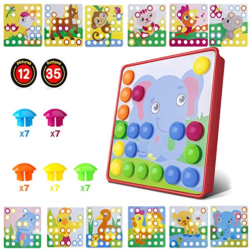 HUYIYI Gioco Bottoni per Bambini Tavoletta con Chiodini, Gioco Prima Infanzia Arte Cartoni Puzzle con Bottoni, Giocattolo Educativo con Chiodini, Compleanno per Bambini di 2 3+ Anni