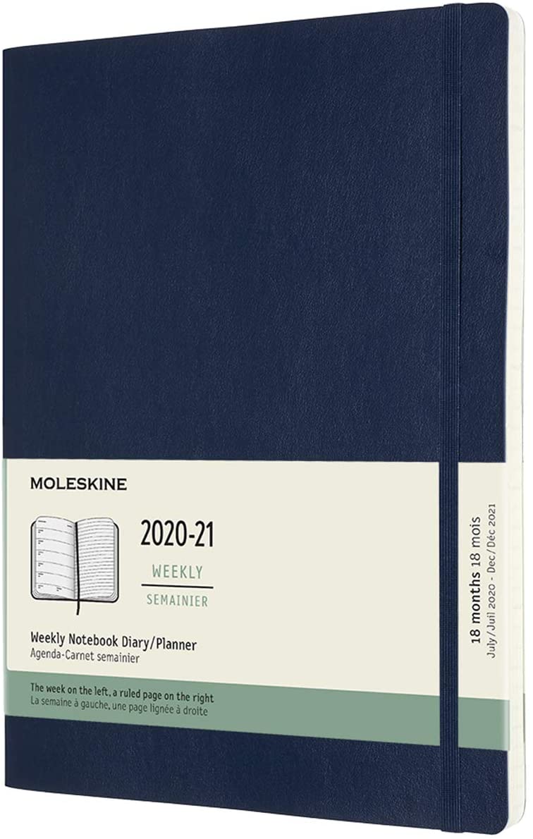 Moleskine Weekly Notebook - Agenda Settimanale 18 Mesi 2020/2021, Copertina Morbida e Chiusura ad Elastico, Formato Extra-Large 19 x 25 cm, 208 Pagine, Blu Zaffiro