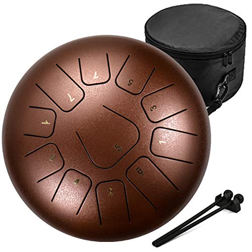 Amkoskr 12 Pollici 30 cm Tamburo in Acciaio a 11 note Steel Tongue Drum Strumento a Percussione Tamburo Handpan con Bacchette per tamburi Borsa per il trasporto(Bronzo)