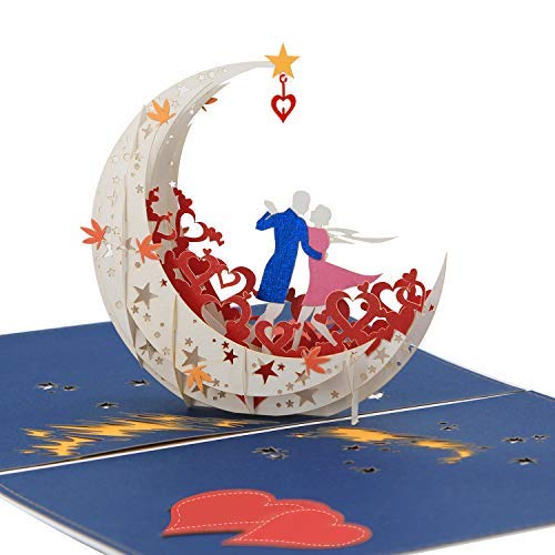 3D Pop Up Happy Anniversary card da un ballo della luna barca al bordo del mondo (Large size) – regali di anniversario per lei, carta di buon compleanno per moglie, Miss you San Valentino carta