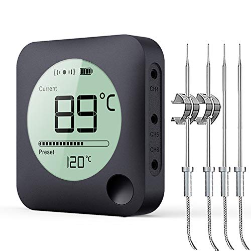 BFOUR Termometro da Cucina Digitale Termometro per Cucina Bluetooth Termometro per Carne Barbecue Wireless Termometro da Forno con Timer BBQ Griglia LED Display App 6 Sensori (Nero, 4 Sonde)