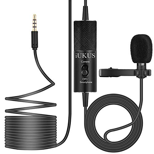 3.5mm Lavalier Microfono, IUKUS Microfono a Condensatore Omnidirezionale con Clip e 6M/19FT Cavo Microfono Professionale per Registrazione di Phone/Fotocamera