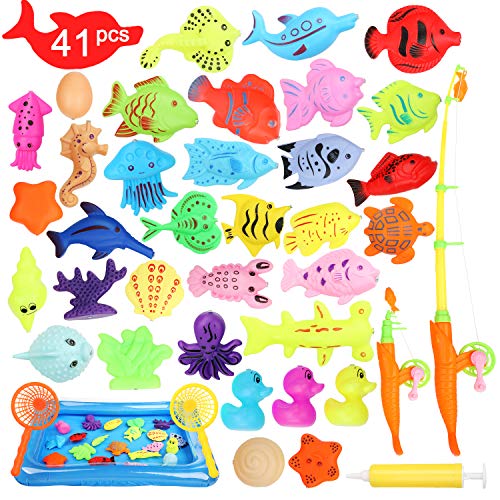 Ucradle Giocattolo Pesca Magnetico, 41 PCS Gioco di Pesca con Magnete Impermeabile Gioco educativo di Bagno Giocattolo, Grande Regalo per Todders Bambini con Pesci