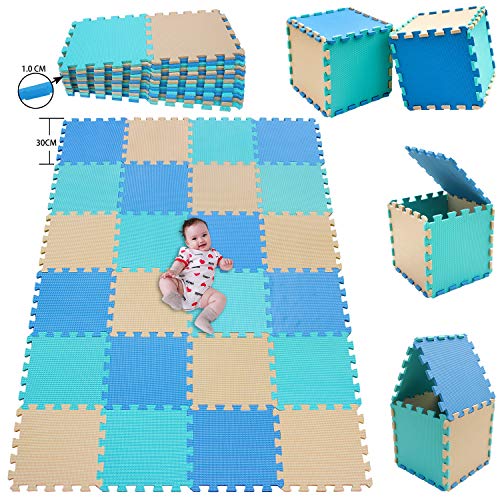 MSHEN 24 Foglio Tappeto Puzzle con Certificato CE e Certificazione in Soffice Schiuma Eva | Tappeto da Gioco per Bambini | Tappetino Puzzle...dimensione1.94 mq,blu-turchese-beige-GHJg24